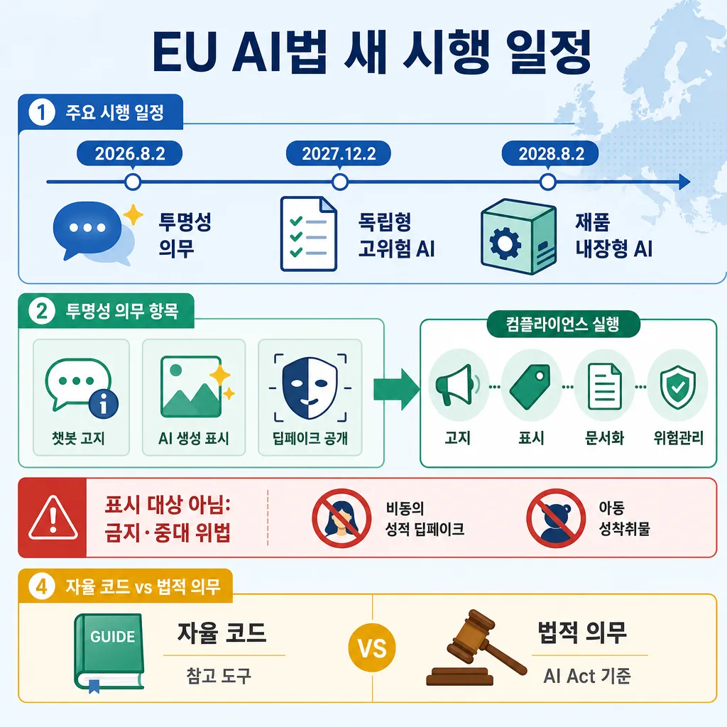 EU AI법 새 시행 일정과 투명성 의무, 금지 항목을 정리한 인포그래픽