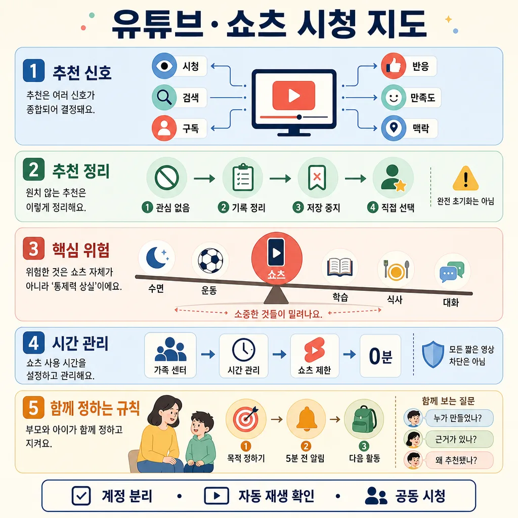 유튜브·쇼츠 시청 지도 5단계와 계정 분리, 자동 재생 확인, 공동 시청을 안내하는 인포그래픽
