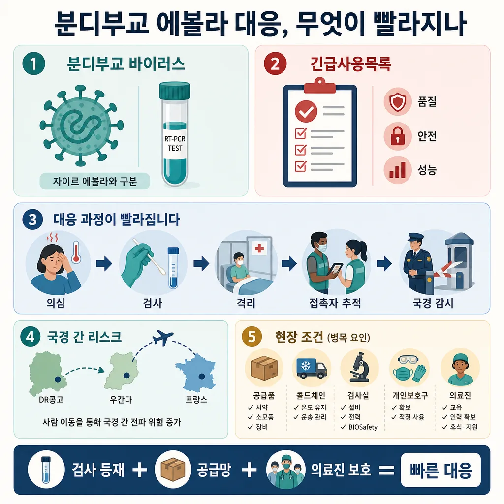 분디부교 에볼라 대응 절차와 진단검사, 공급망, 의료진 보호를 설명한 인포그래픽
