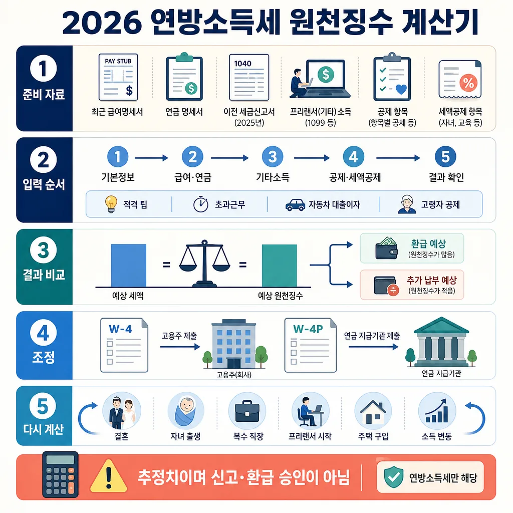 2026 연방소득세 원천징수 계산기의 준비 자료, 입력 순서, 결과 비교, 조정, 재계산 안내