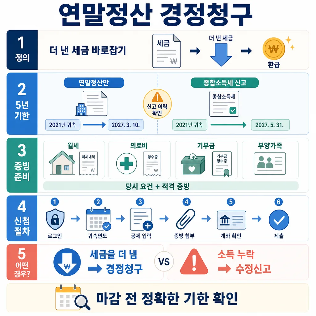 연말정산 경정청구의 정의, 5년 기한, 증빙서류와 신청 절차를 정리한 안내도