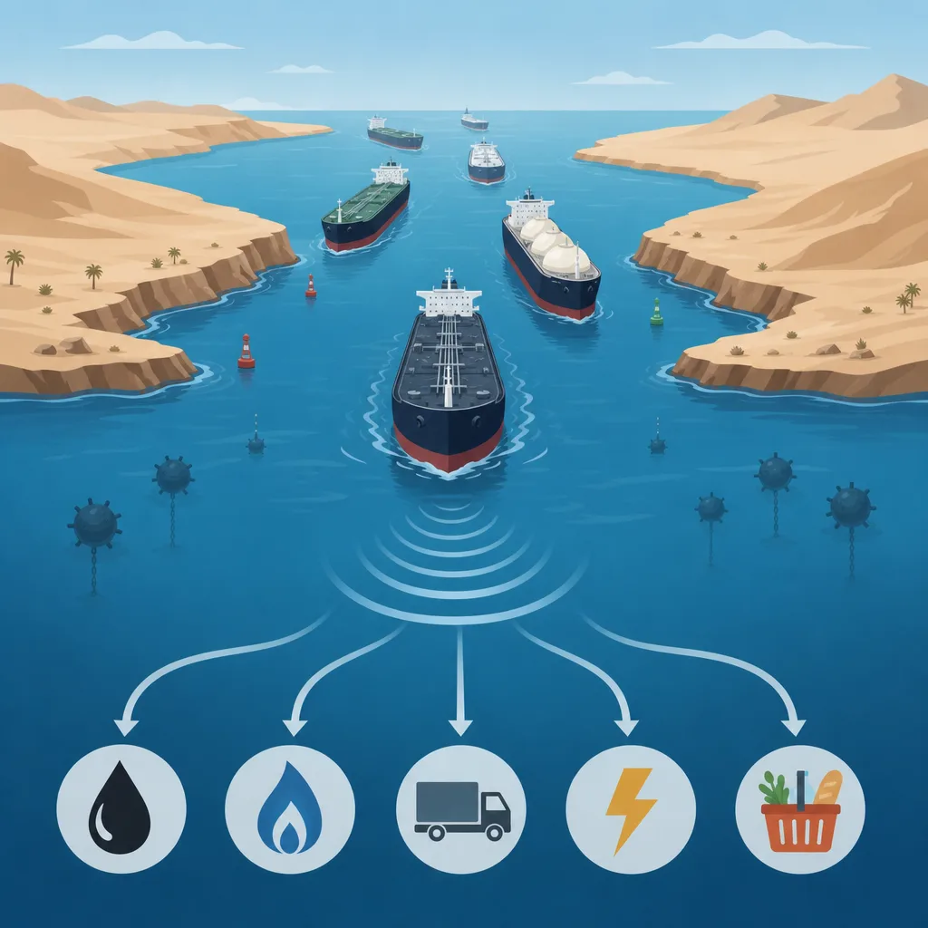 Oil tankers in a desert strait with icons for fuel, transport, power, and groceries