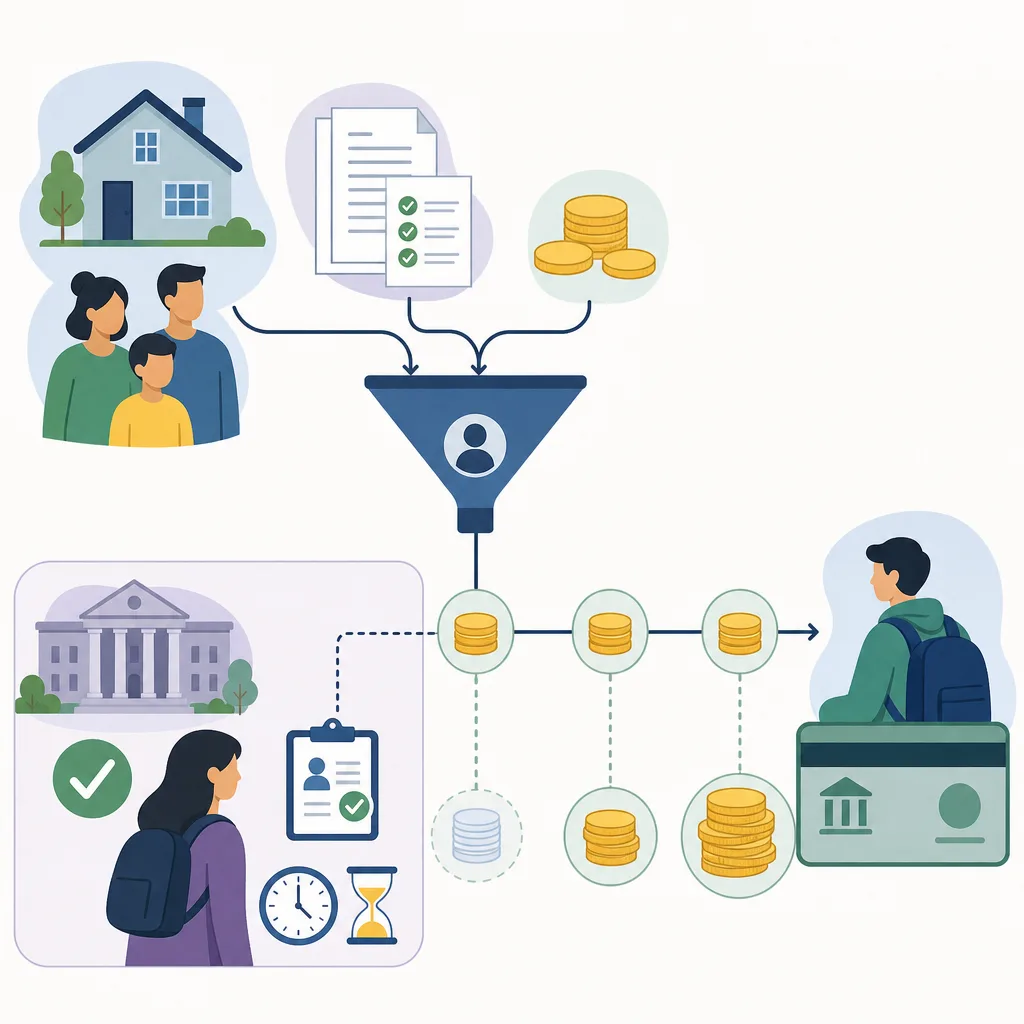 Diagrama del préstamo estudiantil desde los datos del hogar y documentos hasta el alumno y la universidad