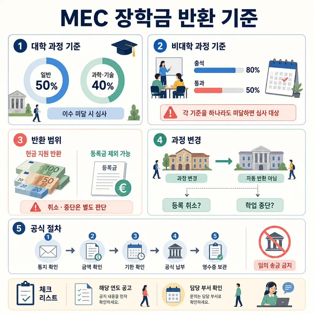 대학·비대학 과정별 MEC 장학금 반환 기준과 반환 범위, 공식 납부 절차를 정리한 인포그래픽