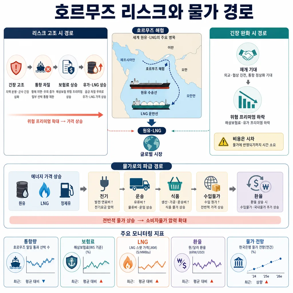 호르무즈 해협 리스크가 원유·LNG와 물가에 미치는 경로를 설명한 인포그래픽
