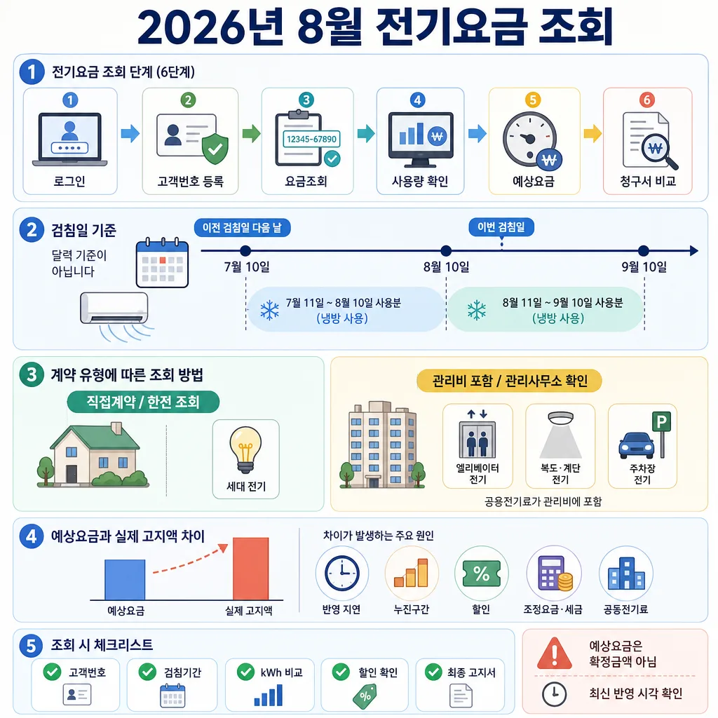 2026년 8월 전기요금 조회 단계, 검침일, 계약 유형, 예상요금 차이와 체크리스트를 정리한 안내문