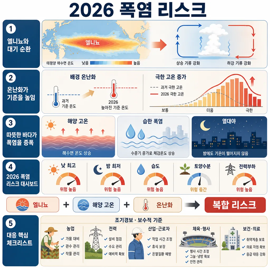 엘니뇨, 해양 고온, 온난화가 2026 폭염 리스크를 높이는 과정을 설명한 인포그래픽
