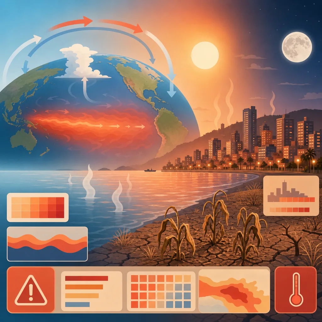 Globe with hot ocean currents, heat warnings, a coastal city, and drought-stressed crops