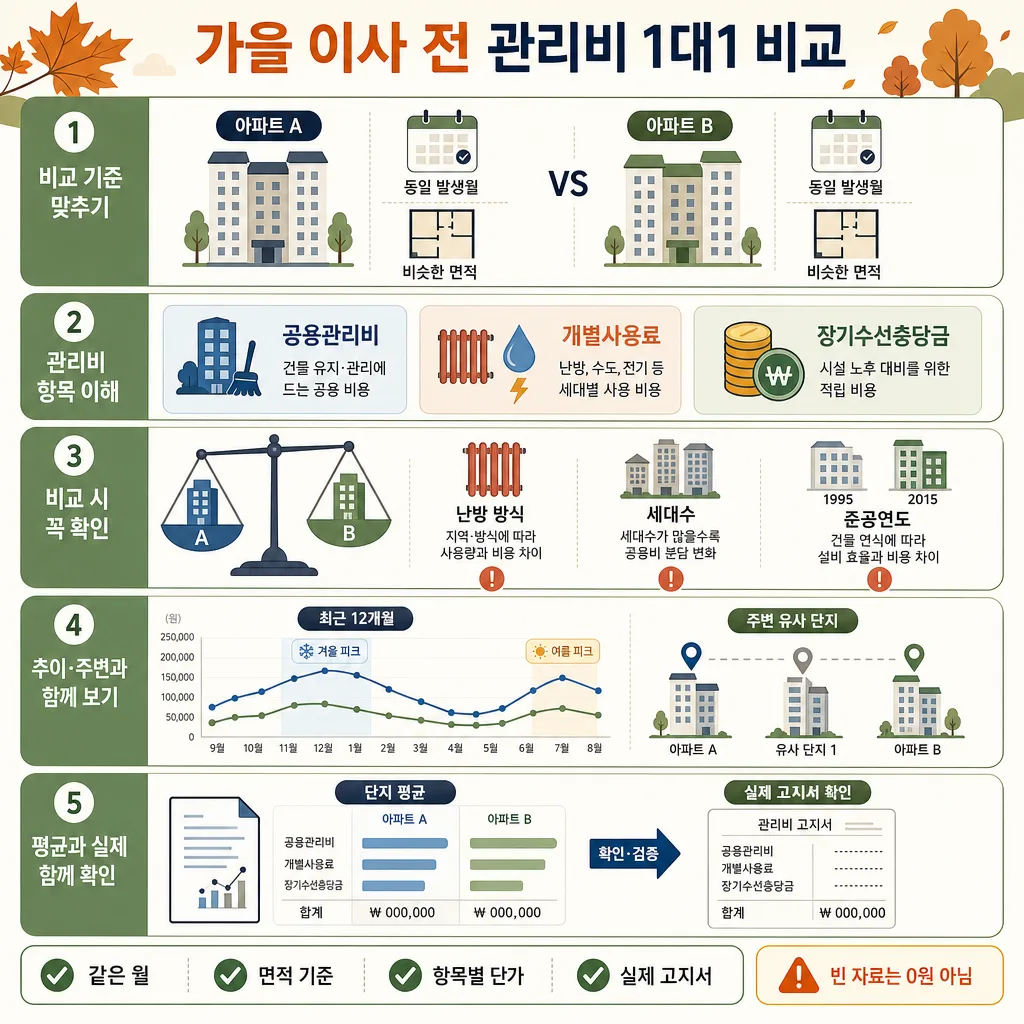 가을 이사 전 아파트 A와 B의 관리비를 5단계로 비교하는 안내 인포그래픽