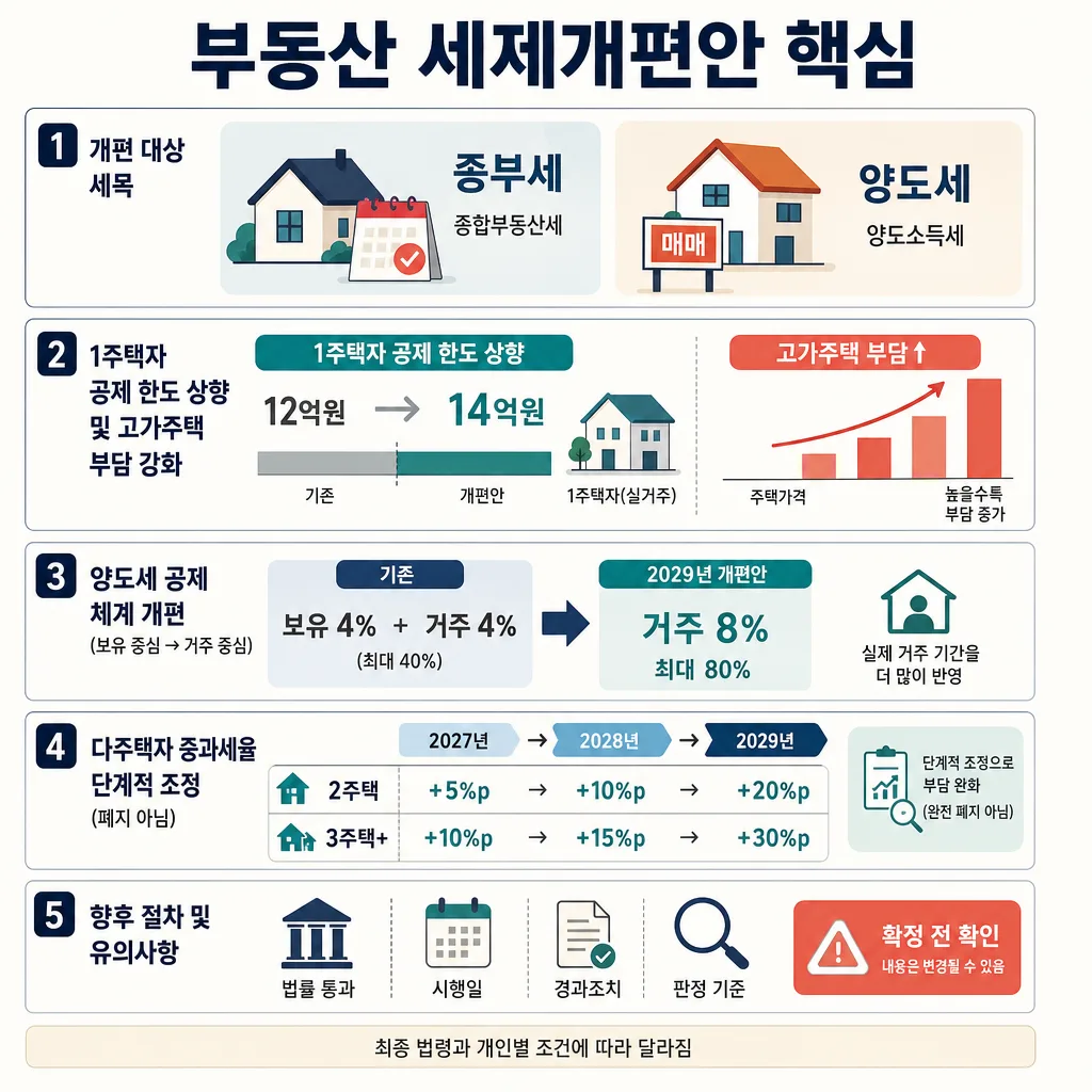 종부세·양도세 개편, 1주택 공제 상향, 다주택 중과세율 조정을 정리한 5개 항목 인포그래픽