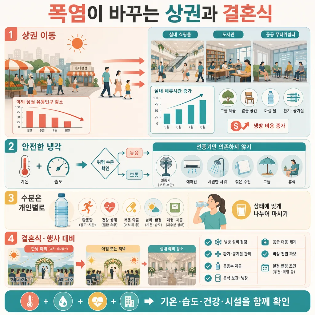 폭염 속 실내 상권 이동, 냉각 안전, 수분 섭취, 결혼식 대비를 안내하는 인포그래픽