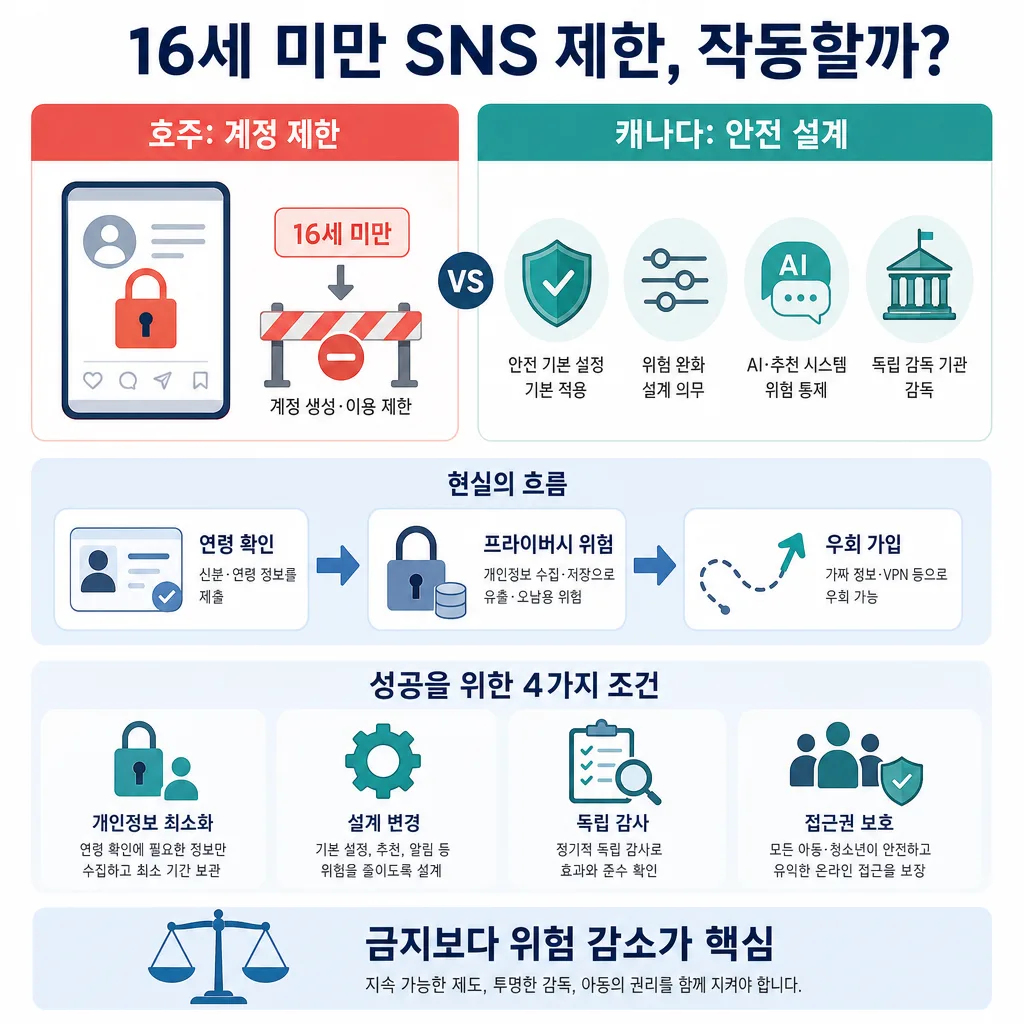 16세 미만 SNS 제한을 호주와 캐나다 규제로 비교한 한국어 인포그래픽