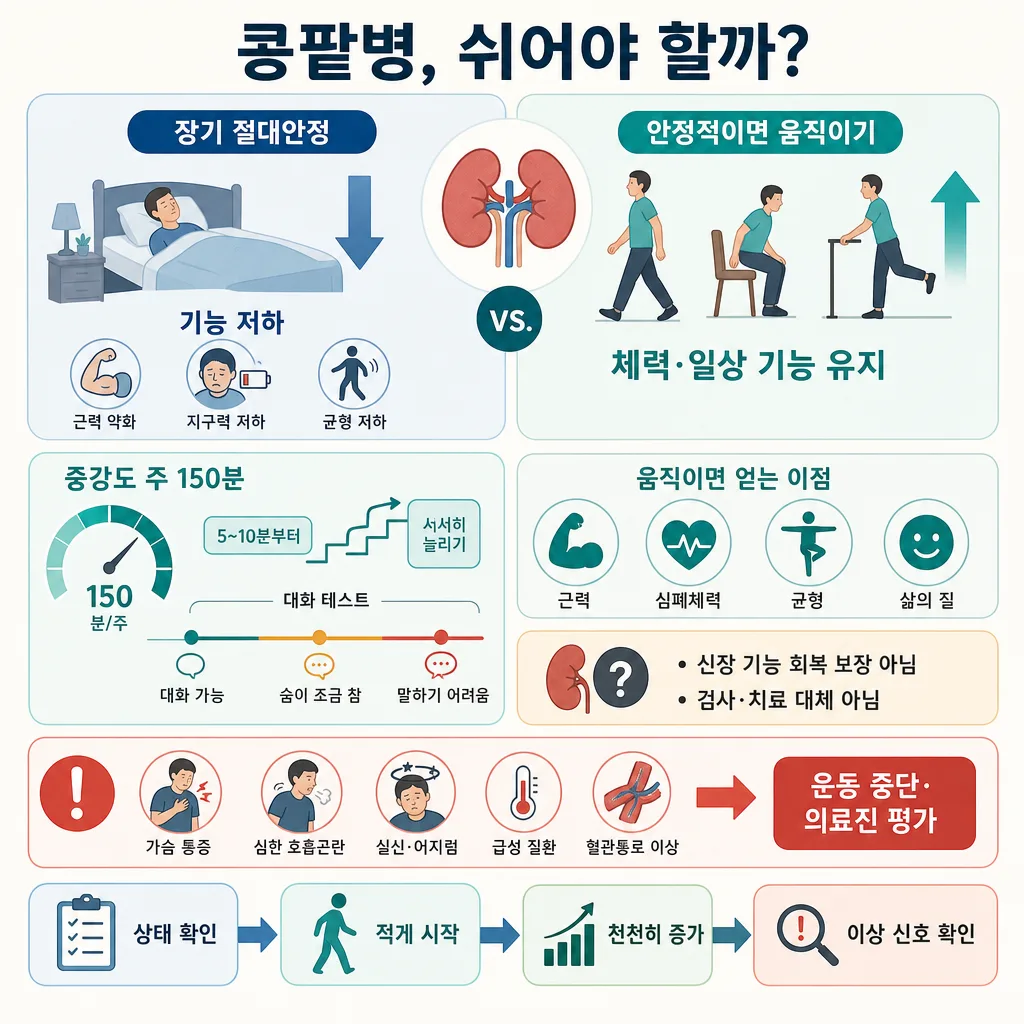 콩팥병 환자의 장기 절대안정과 안전한 운동을 비교하고 운동량·중단 신호를 안내하는 인포그래픽