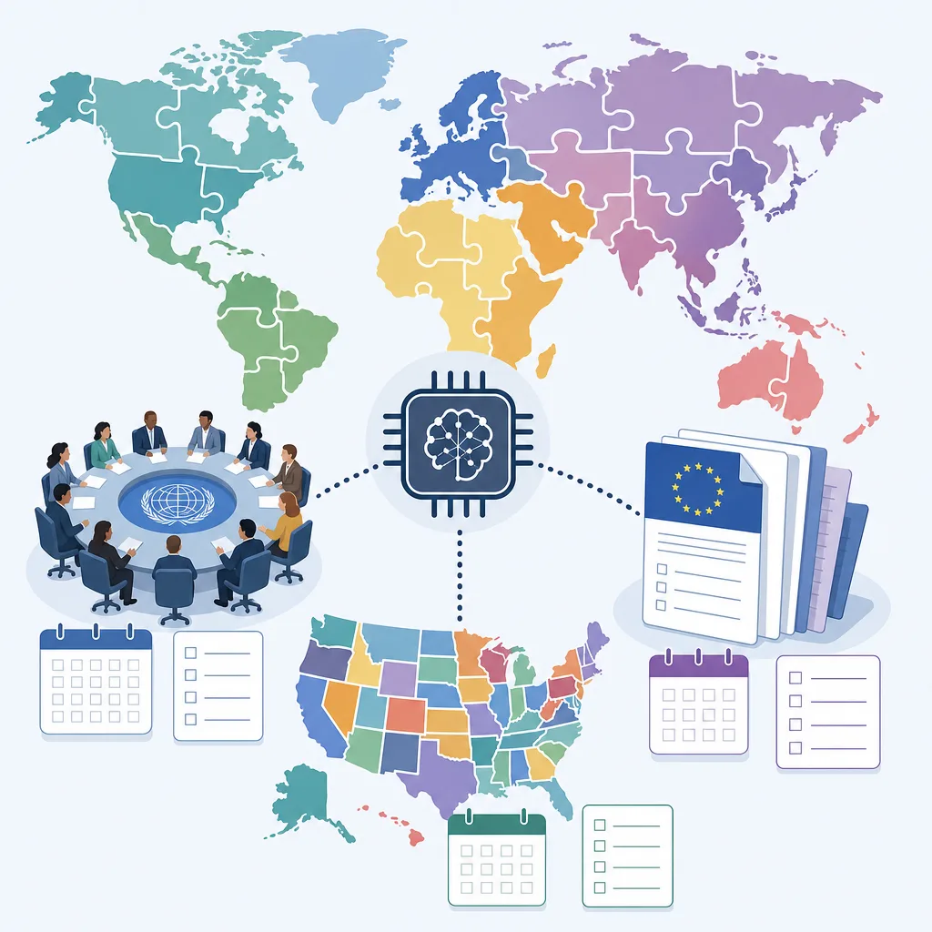 Puzzle-piece world map with a central AI chip, UN meeting, EU files, and U.S. state map