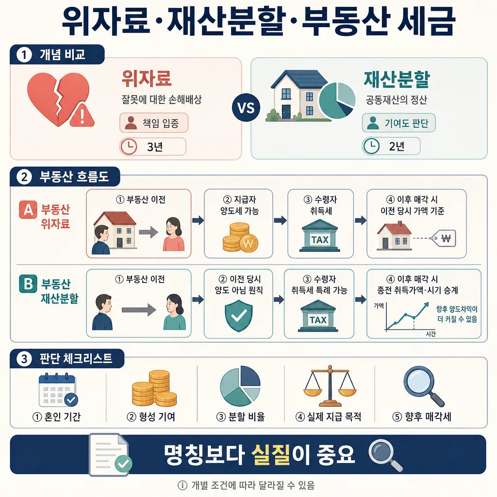 이혼 위자료와 재산분할의 차이, 부동산 이전·취득·매각 세금 흐름을 비교한 인포그래픽