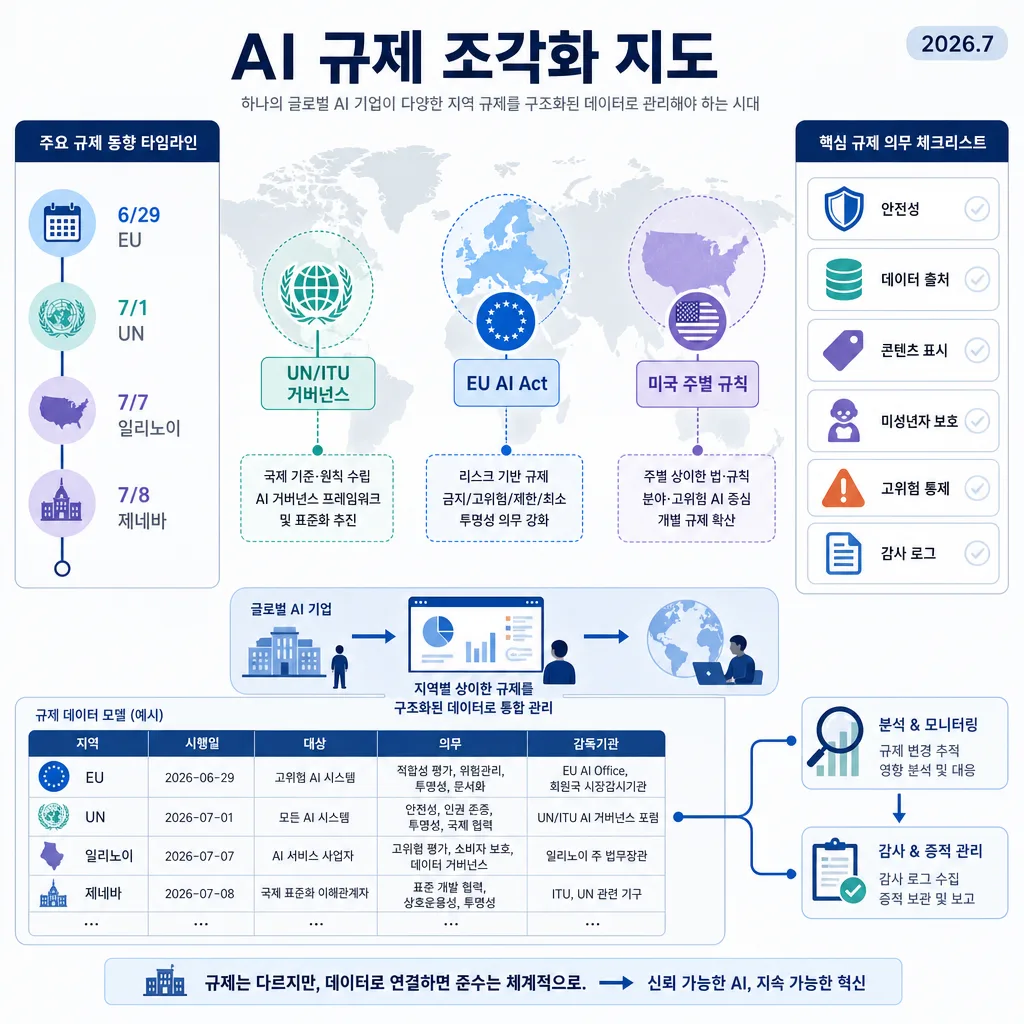 2026년 7월 AI 규제 조각화 지도와 UN, EU, 미국 주별 규칙 비교 인포그래픽