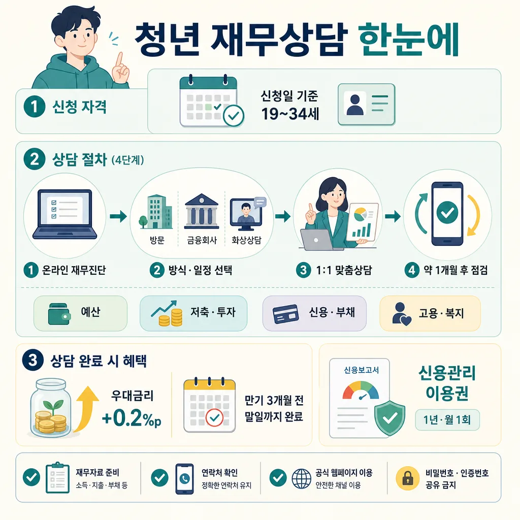 19~34세 청년 재무상담의 신청 자격, 4단계 절차, 우대금리와 신용관리 혜택을 정리한 인포그래픽