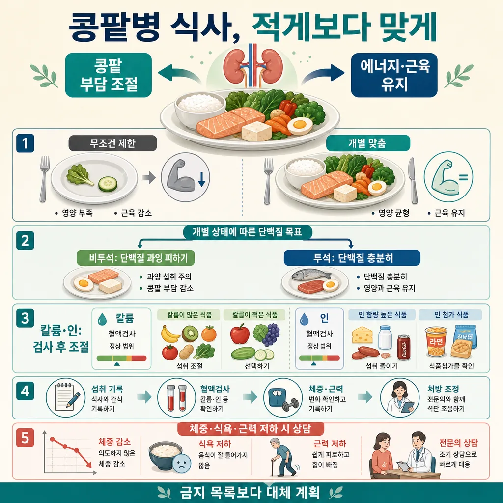 콩팥병 식사는 무조건 제한하지 말고 검사와 상태에 맞춰 조절하라는 5단계 영양 안내