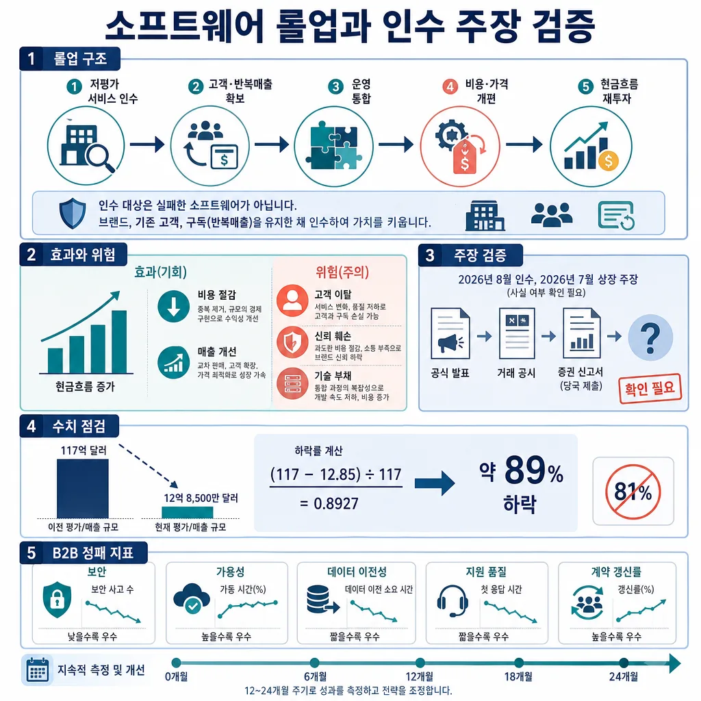 소프트웨어 롤업 구조와 효과·위험, 인수 주장, 하락률 89%, B2B 지표를 정리한 인포그래픽