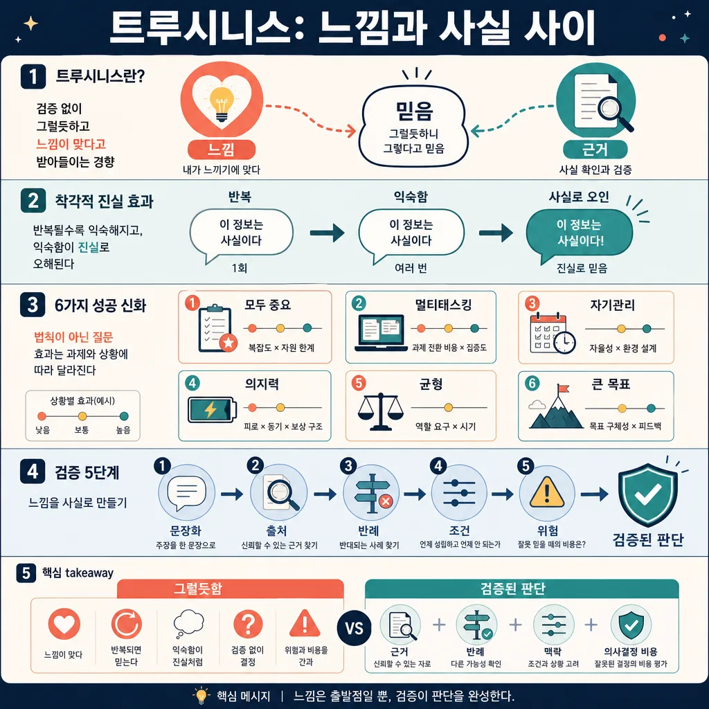 느낌과 근거, 착각적 진실 효과, 성공 신화, 검증 단계를 설명하는 트루시니스 인포그래픽