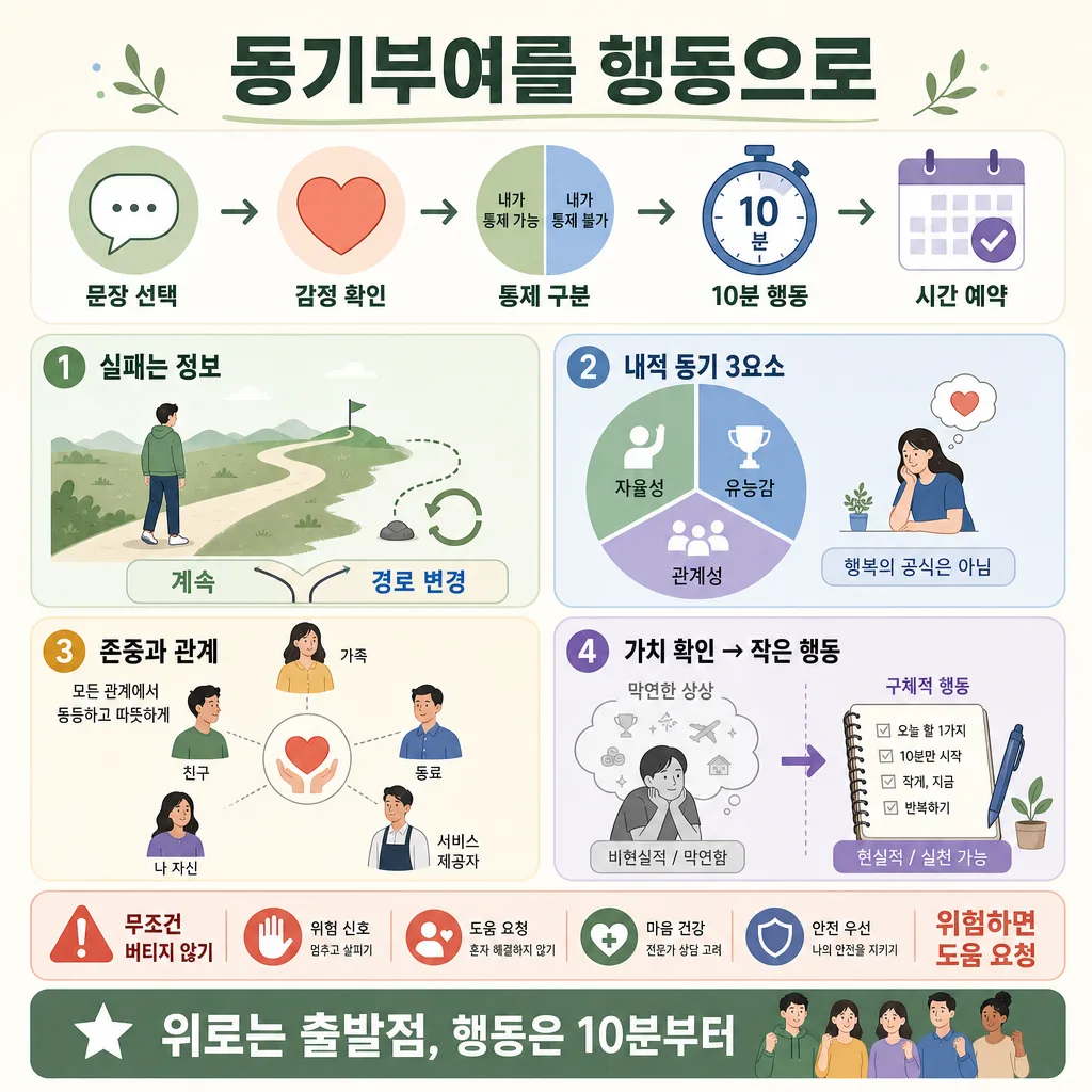 문장 선택부터 10분 행동과 시간 예약까지, 동기부여를 실천으로 바꾸는 과정을 정리한 인포그래픽