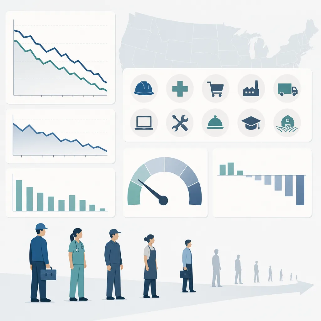 Labor market dashboard with U.S. map, declining charts, sector icons, and a shrinking line of workers