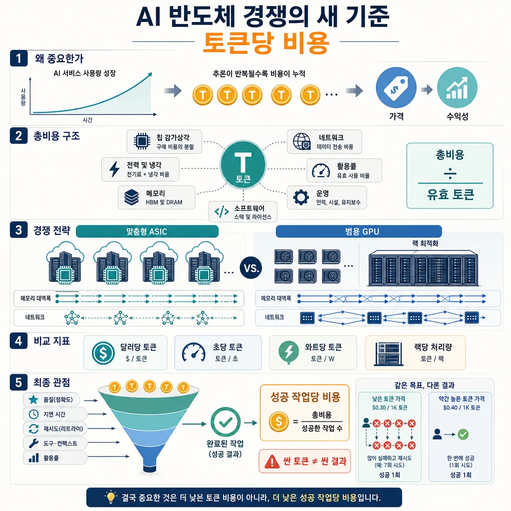 토큰당 비용의 구성, ASIC·GPU 전략, 비교 지표와 성공 작업당 비용을 설명하는 인포그래픽