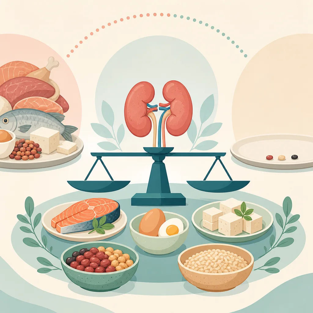 Kidneys on a balance scale surrounded by salmon, eggs, tofu, beans, and other protein foods