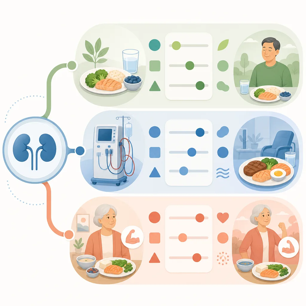 Infographic linking kidneys with meals, a dialysis machine, and older adults across three care stages