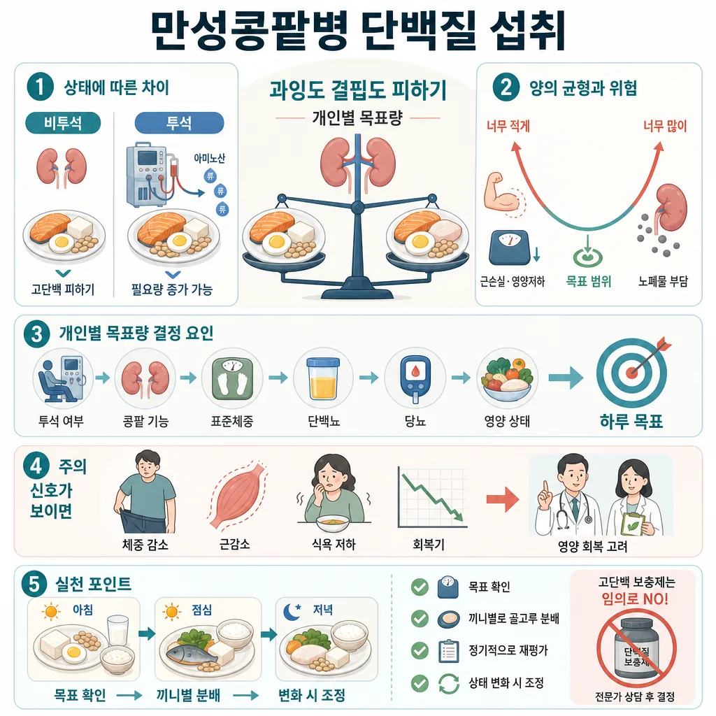 만성콩팥병의 단백질 섭취 균형, 개인별 목표량, 주의 신호와 실천법을 정리한 인포그래픽