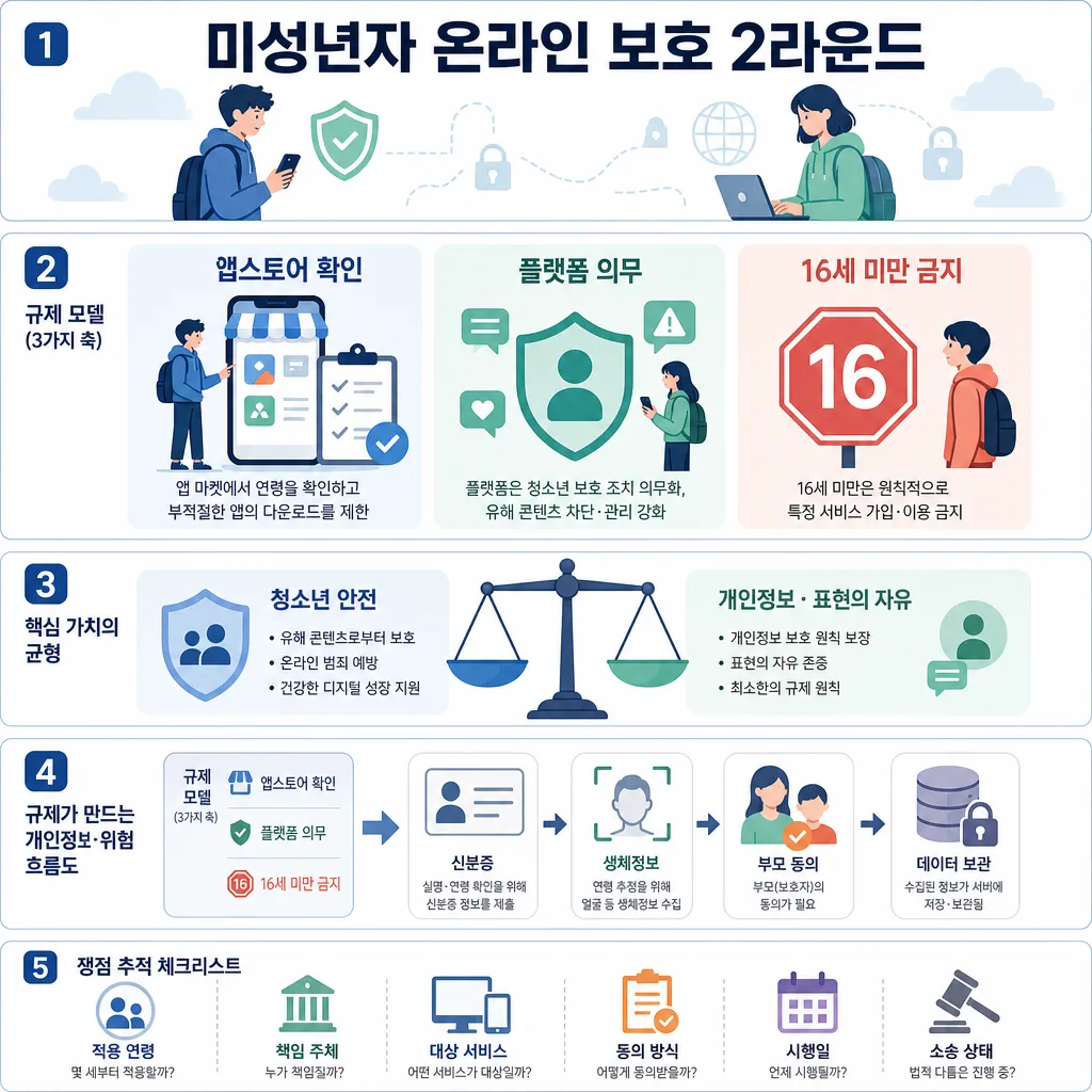 미성년자 온라인 보호 2라운드 규제 모델과 개인정보 위험을 정리한 인포그래픽