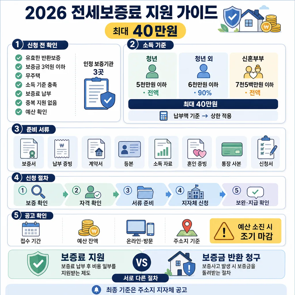 2026 전세보증료 지원의 소득 기준, 준비 서류, 신청 절차와 최대 40만원 혜택을 정리한 안내문