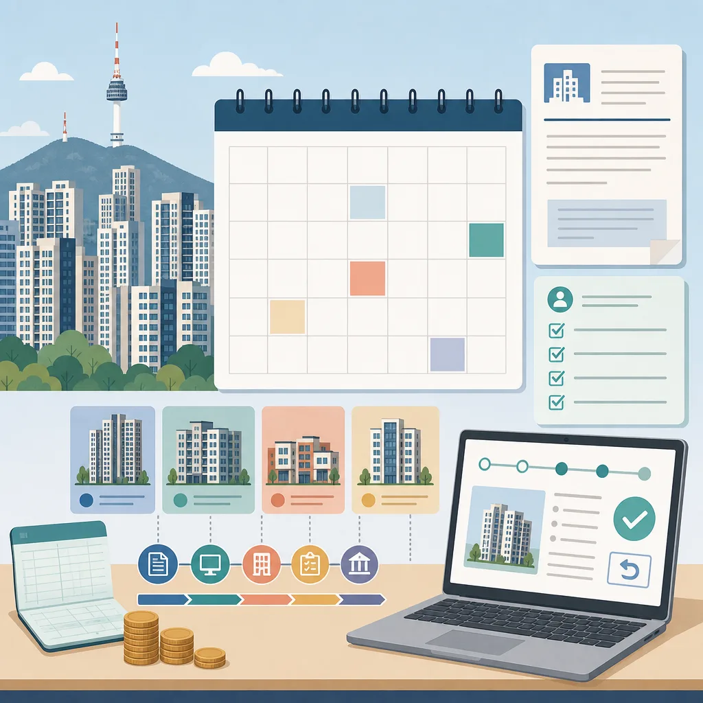 Illustration of Seoul apartments with a housing application calendar, checklist, and laptop