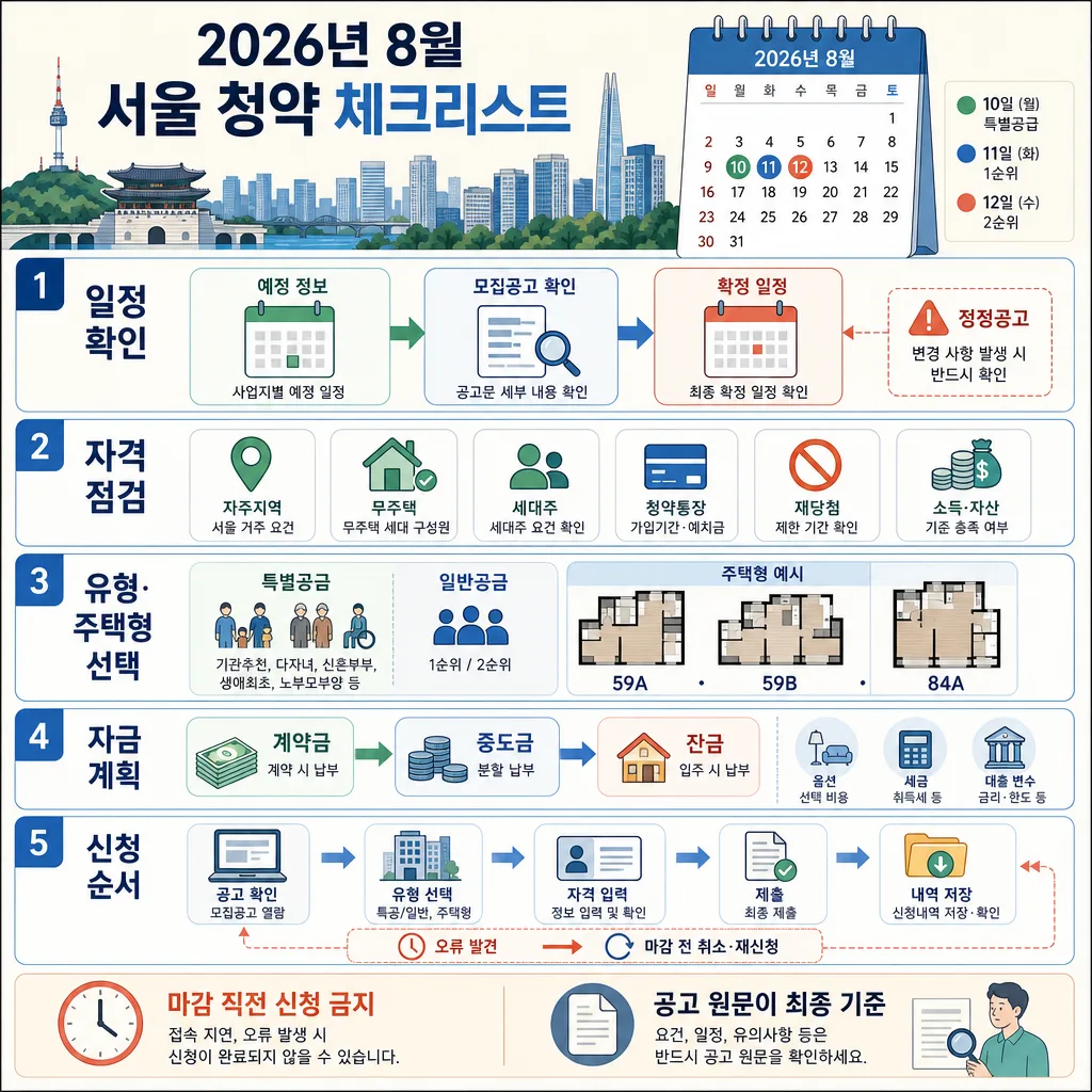 2026년 8월 서울 아파트 청약 일정과 자격, 자금, 신청 순서를 정리한 체크리스트