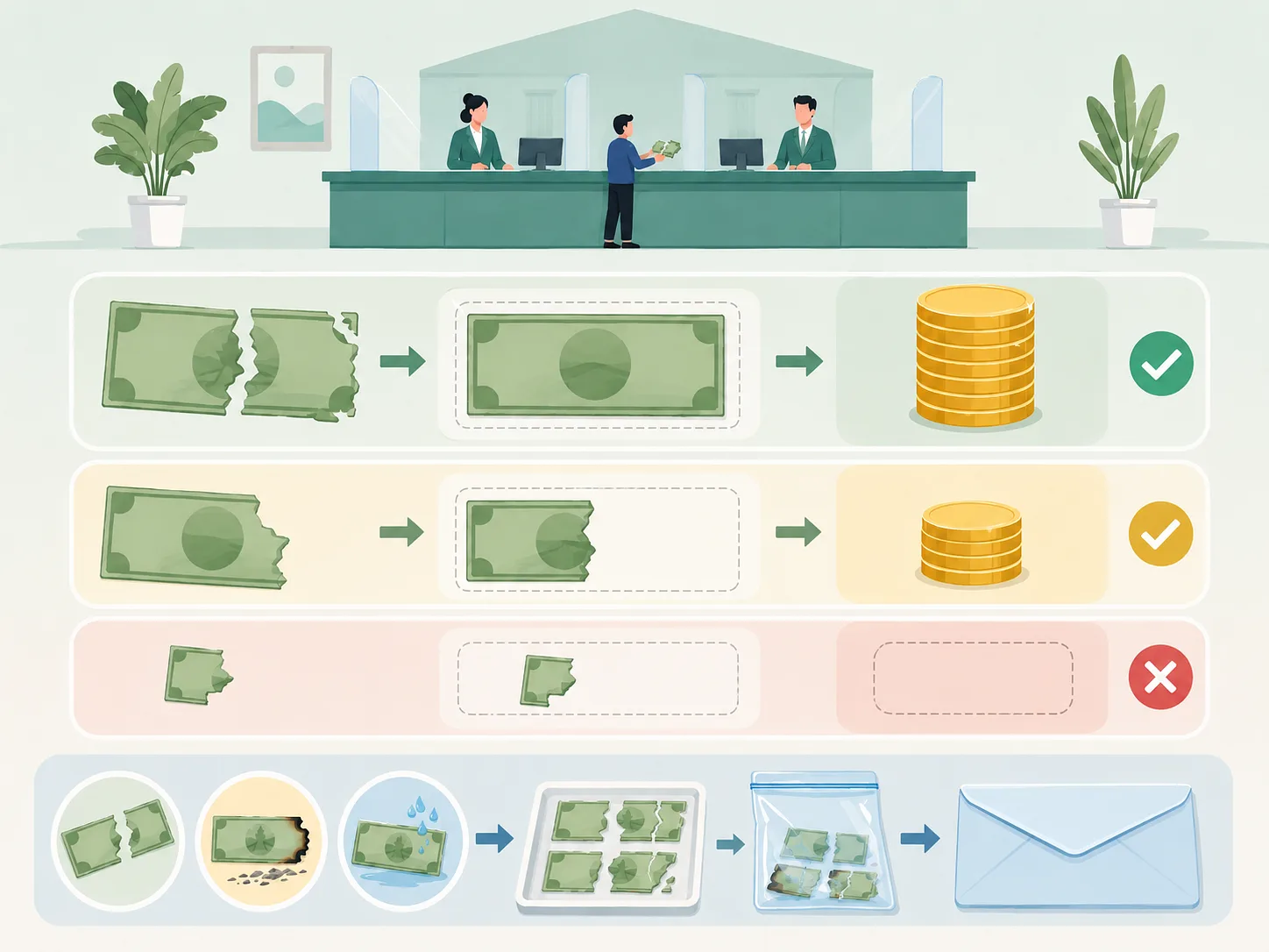 Bank counter illustration showing damaged banknote exchange values and handling steps