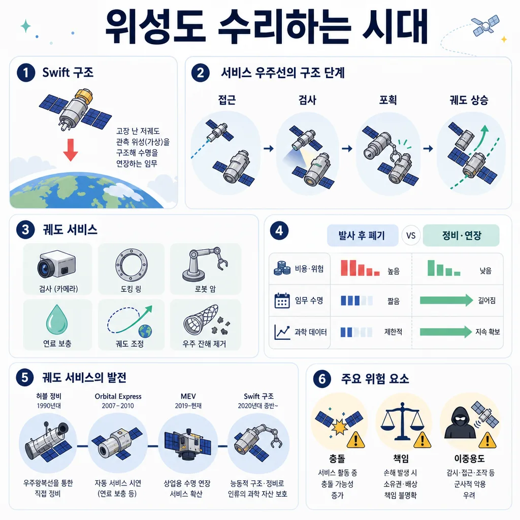 위성 수리 시대를 설명하는 한국어 인포그래픽, 구조 단계와 궤도 서비스, 위험 요소 도식화