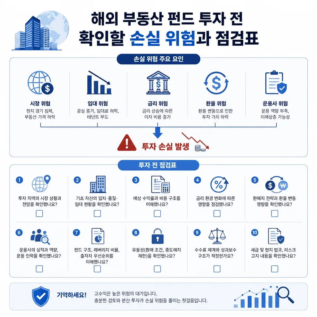 해외 부동산 펀드의 5대 손실 위험과 투자 전 10가지 점검 항목을 정리한 인포그래픽