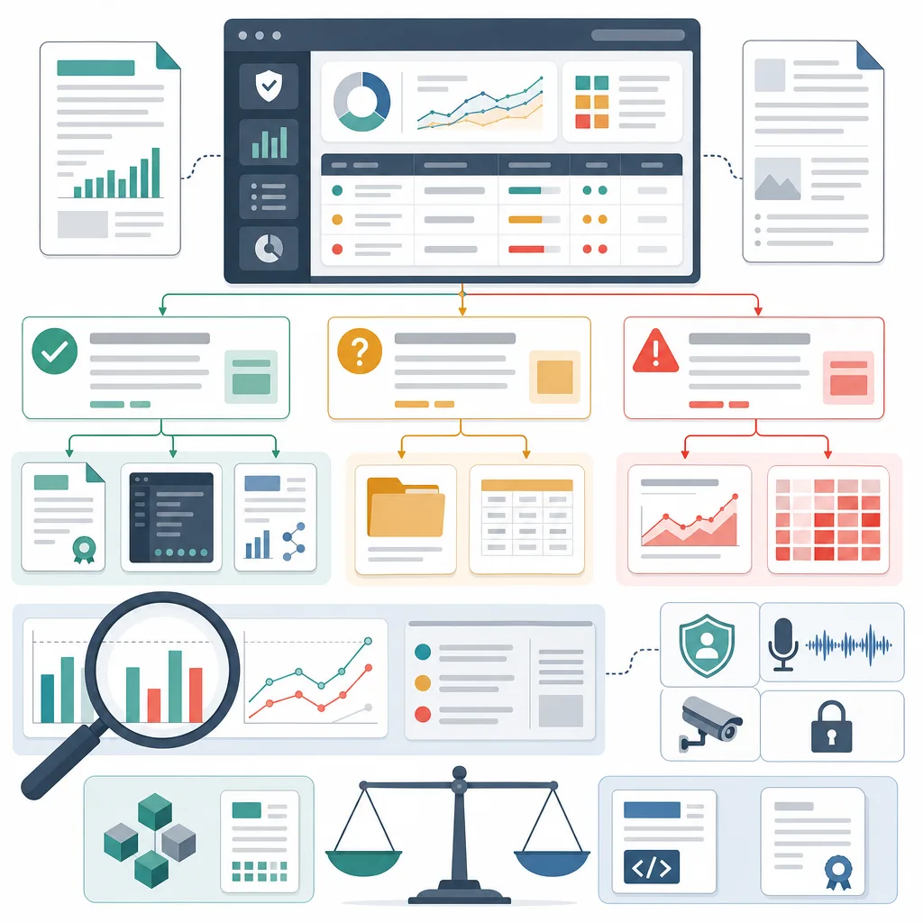Verification workflow sorting documents and data into approved, review, and warning categories
