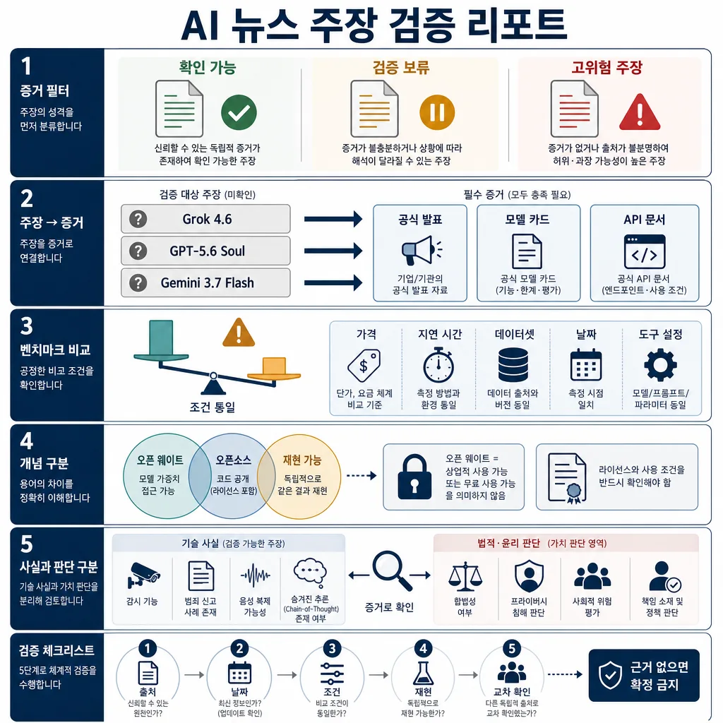 AI 뉴스 주장을 증거, 벤치마크, 개념, 사실·판단으로 검증하는 5단계 인포그래픽