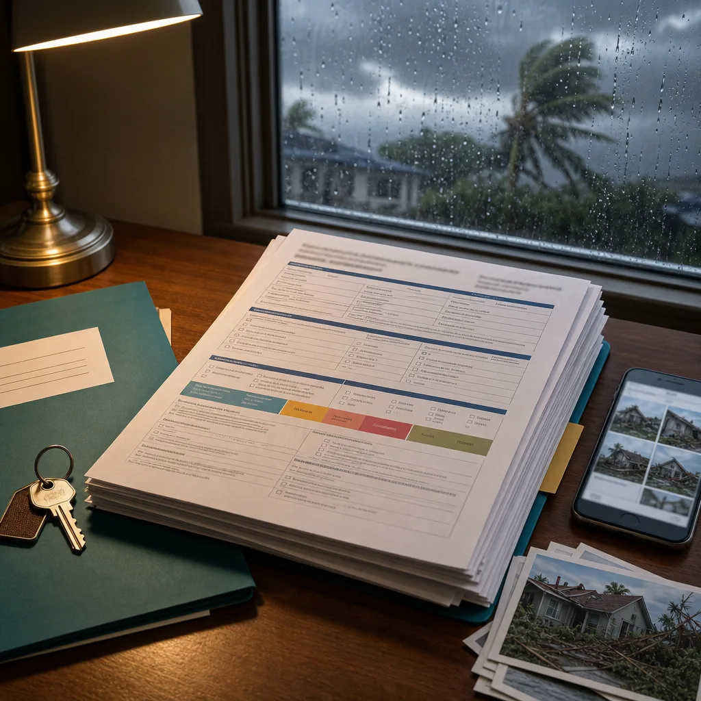 Insurance forms, house keys and a phone showing damaged homes beside a storm-lashed window