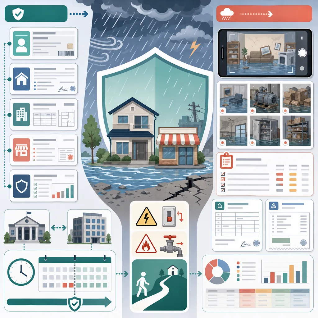 Insurance infographic with shielded homes amid heavy rain, flooding and cracked ground, plus forms and damage photos