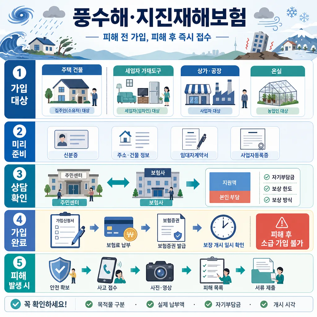 풍수해·지진재해보험 가입 대상과 준비 서류, 상담, 가입 및 피해 접수 절차를 안내하는 인포그래픽