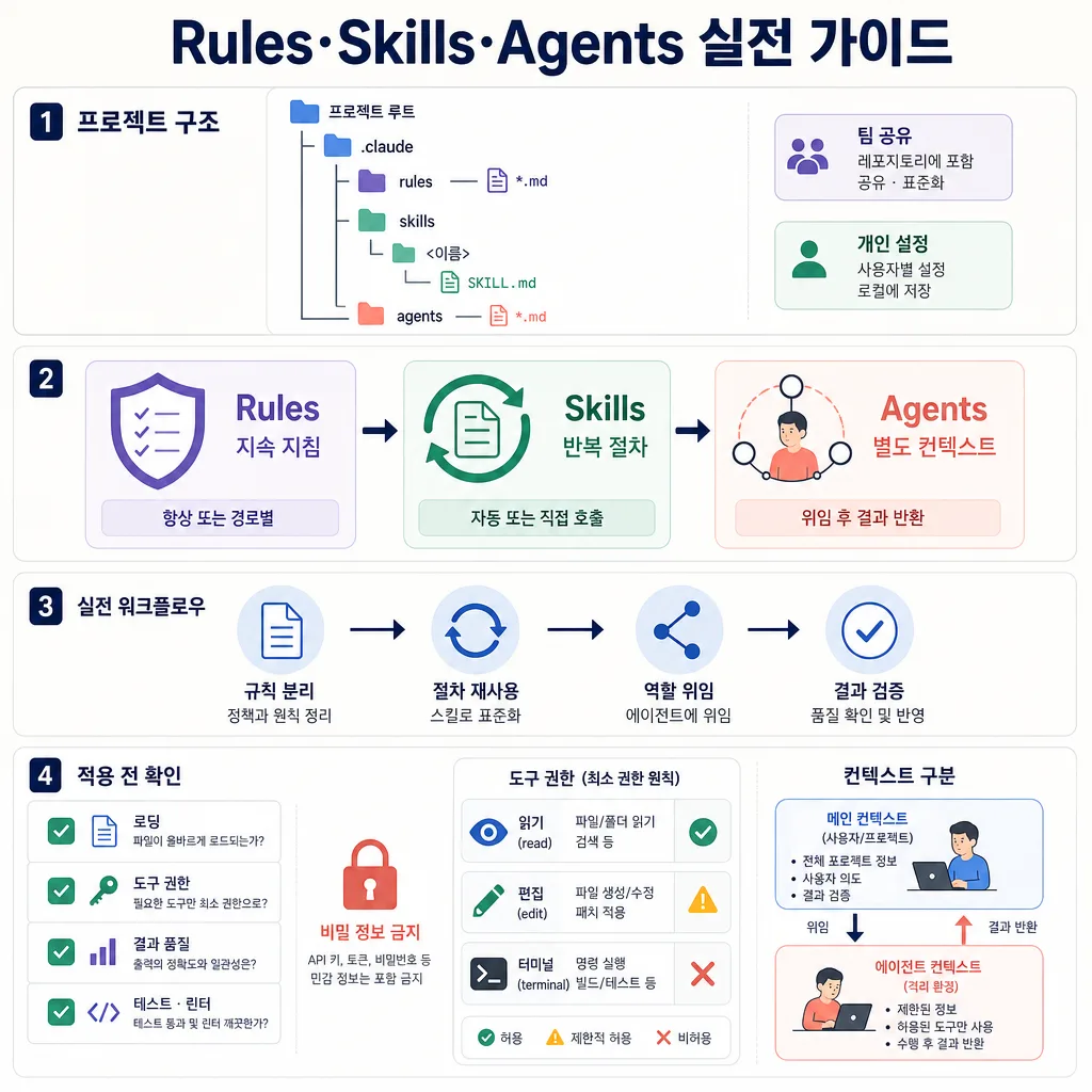 Claude Code의 Rules·Skills·Agents 구조, 워크플로, 권한 및 컨텍스트를 설명하는 인포그래픽