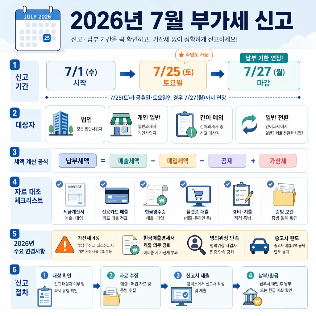 2026년 7월 부가가치세 신고 일정과 대상, 계산식, 준비자료를 정리한 안내 인포그래픽