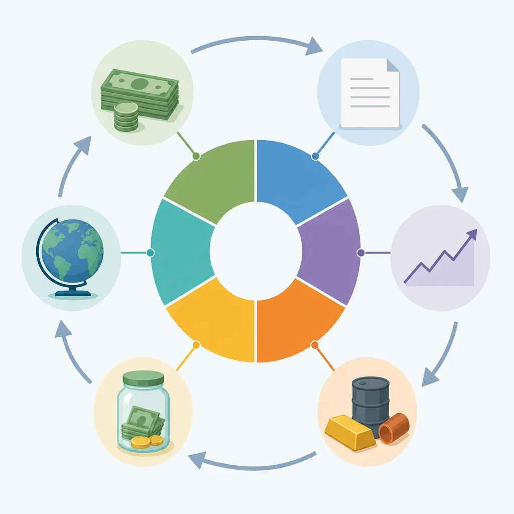 Donut chart of diversified investment allocation surrounded by asset icons and circular arrows