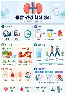 콩팥 건강 핵심을 원인, 검사, 식사, 운동, 주의 신호, 치료 선택지로 정리한 인포그래픽