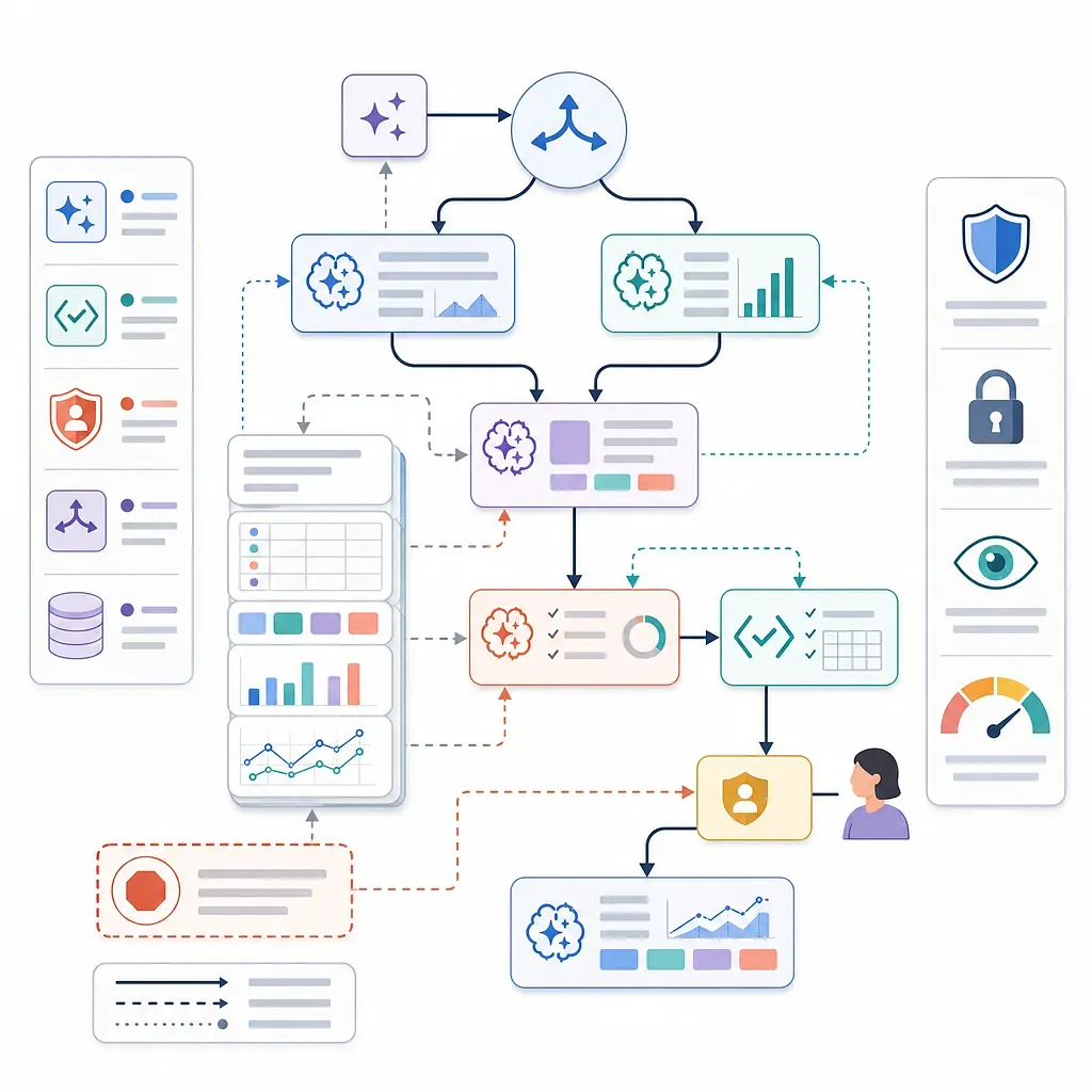Diagrama de flujo con agentes de IA, paneles de datos, validación, seguridad y revisión humana