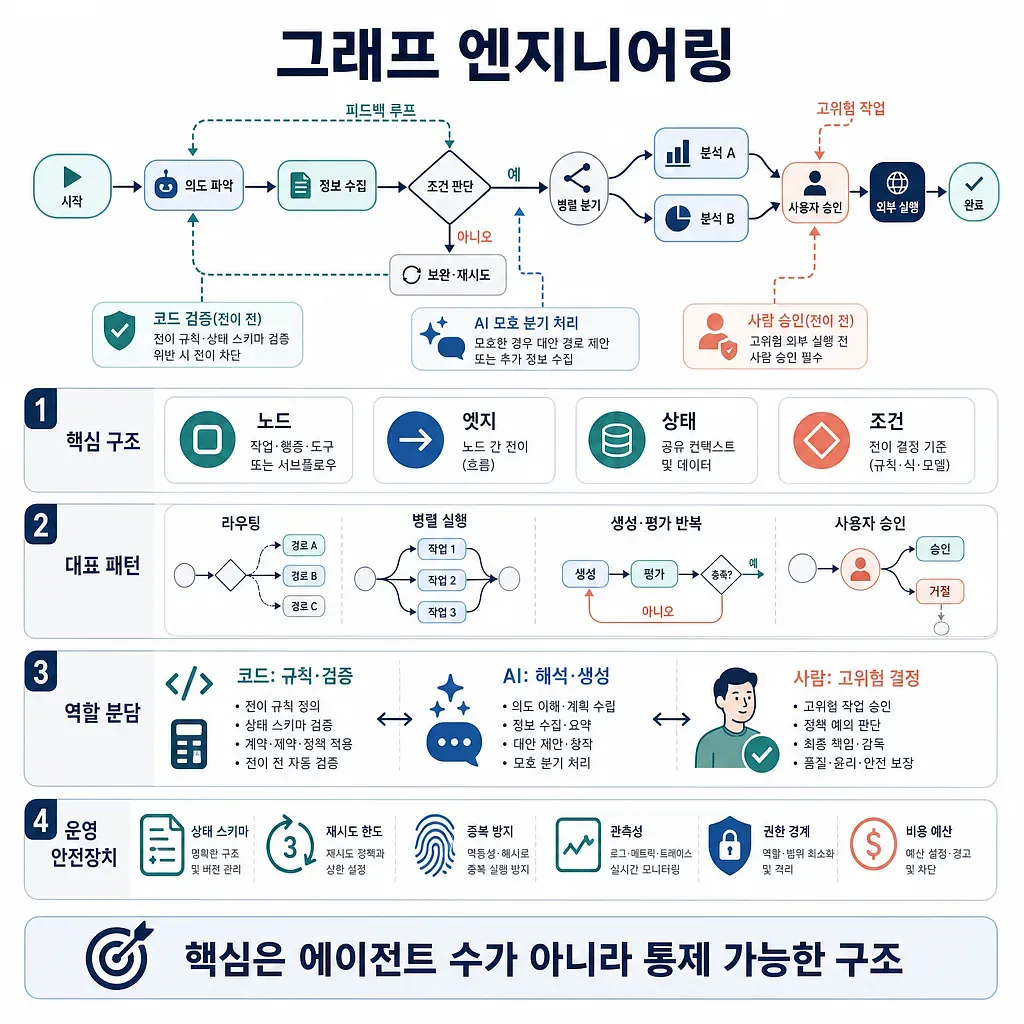 AI 에이전트 워크플로의 노드, 엣지, 조건, 역할 분담과 운영 안전장치를 설명하는 그래프 엔지니어링 도표