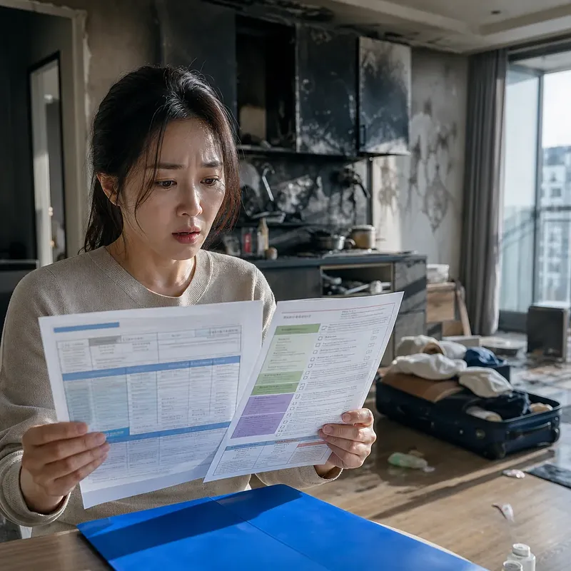 화재로 그을린 아파트에서 서류를 확인하는 걱정스러운 여성