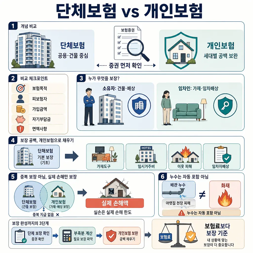 아파트 단체보험과 개인보험의 보장 대상, 공백, 중복 보상, 누수 여부를 비교한 인포그래픽